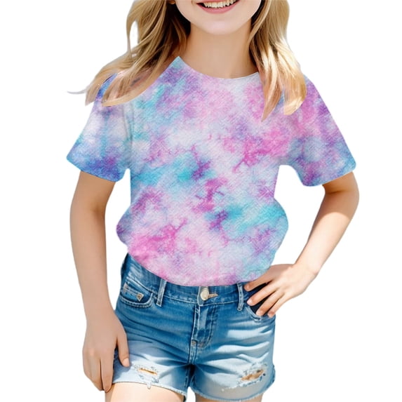 Tfken Soft Tops For Girls Comfy Daily Wear Holiday Short Sleeve Tshirts Tees Tie Dye Comfortable T-Shirts Child Stretch Clothes Size 3-4 Years