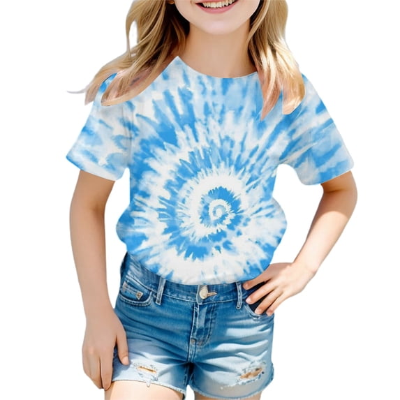 Tfken Soft Tops For Girls Comfy Daily Wear Holiday Short Sleeve Tshirts Tees Tie Dye Comfortable T-Shirts Child Stretch Clothes Size 3-4 Years