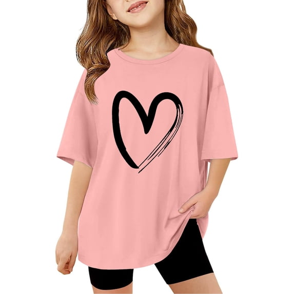 Tfken Soft Tops For Girls Comfy Daily Wear Holiday Short Sleeve Tees Tshirts Heart Graphic Print T-Shirts Comfortable Child Stretch Clothes Size 11-12 Years