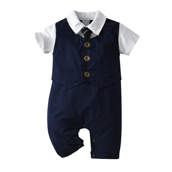 Tfken Summer Boys Jumpsuit Lapel Neck Short Sleeve Solid Color Button Romper Trendy Daily Wear Cute Onesie Blue Size 9-12 Months