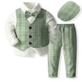 thumbnail image 1 of Tfken Summer Boys Outfit Sets 3 Piece Lapel Neck Bowknot Solid Color Long Sleeve Tops And Plaid Pants Set With Vest Fashion Children Soft Outfit Green Size 8-9 Years, 1 of 9