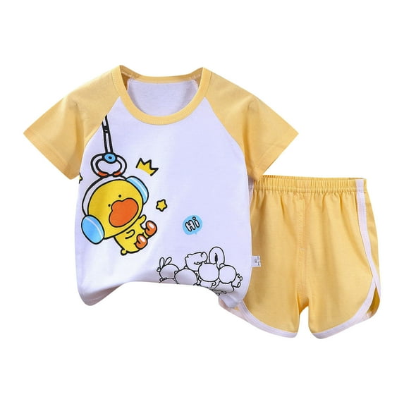 Tfken Summer Boys Outfit Sets Cartoon Print Crew Neck Short Sleeve Tops With Solid Color Shorts Set Summer Kids Comfortable Outfit Yellow Size 4-5 Years