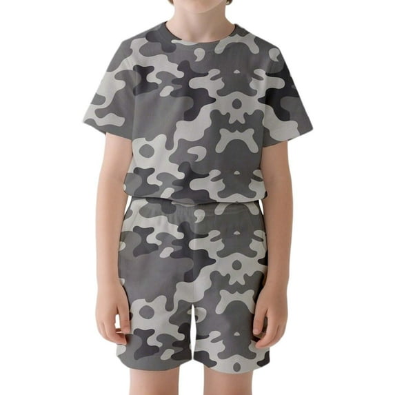 Tfken Summer Boys Outfit Sets Print Crew Neck Short Sleeve Tops With Shorts Set For Performance Summer Kids Comfortable Outfit Gray Size 4-5 Years
