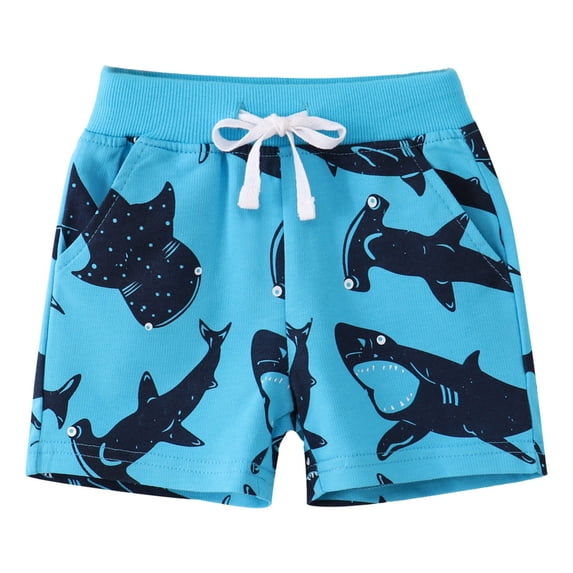 Tfken Summer Boys Shorts Ocean Print Drawstring Shorts With Pockets Casual Fashion Children Comfortable Clothes Blue Size 5-6 Years
