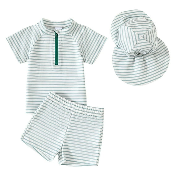 Tfken Summer Boys Swimwear 3 Piece Crew Neck Short Sleeve Stripe Zipper Tops And Trunks With Hat Set Swimsuit Trendy Beach Kids Comfortable Bathing Suit Green Size 12-18 Months