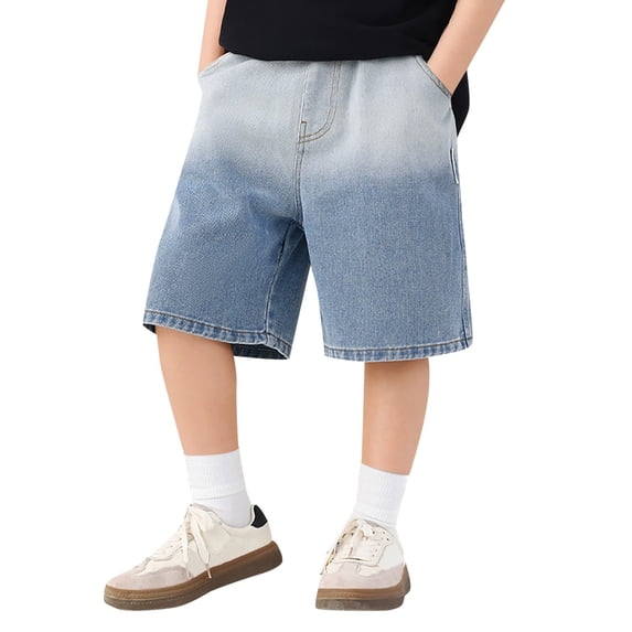 Tfken Summer Denim Shorts For Boys Daily Wear Holiday Elastic Waist Denim Shorts With Pockets Loose Comfortable Wide Leg Kids Comfy Clothes Size 7-8 Years Blue
