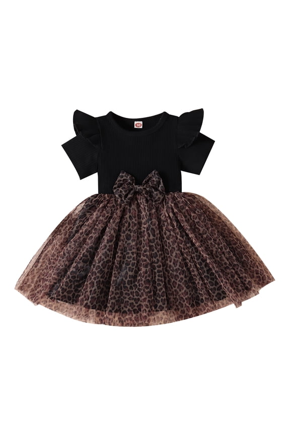 Summer Dresses For Girls Crew Neck Short Sleeve Leopard Print Tutu Tulle Dresses Trendy Daily Wear Teen Elegant Clothes Black Size 2-3 Years