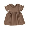 thumbnail image 1 of Tfken Summer Dresses For Girls Crew Neck Short Sleeve Solid Color Dresses With Pocket Trendy Daily Wear Kids Soft Clothes Brown Size 12-18 Months, 1 of 9