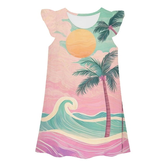 Tfken Summer Dresses For Girls Hawaii Print Crew Neck Sleeveless Dresses Sleepwear Trendy Teen Elegant Clothes Green Size 3-4 Years