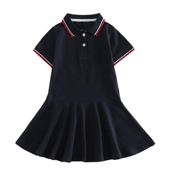 Tfken Summer Dresses For Girls Lapel Neck Short Sleeve Solid Color Dresses Trendy Casual Toddler Soft Clothes Blue Size 2-3 Years