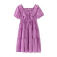 thumbnail image 1 of Tfken Summer Dresses For Girls Solid Color Square Neck Short Sleeve Ruffles Tiered Dresses Trendy Children Comfortable Clothes Purple Size 9-10 Years, 1 of 8