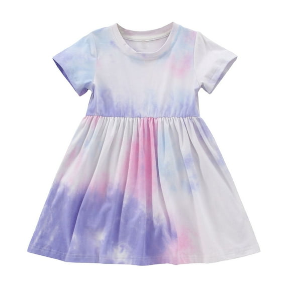 Tfken Summer Dresses For Girls Tie Dye Crew Neck Short Sleeve Dresses Trendy Daily Wear Kids Soft Clothes Purple Size 4-5 Years