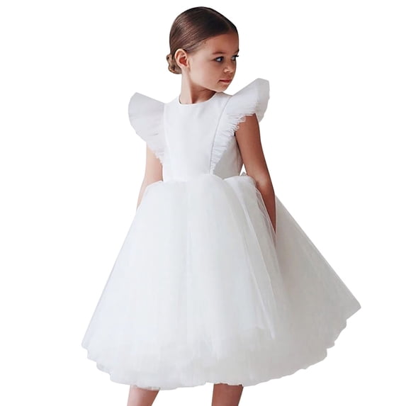 Tfken Summer Dresses For Girls A Line Solid Color Crew Neck Fly Sleeve Tutu Tulle Dresses For Party Performance Kids Soft Clothes White Size 5-6 Years