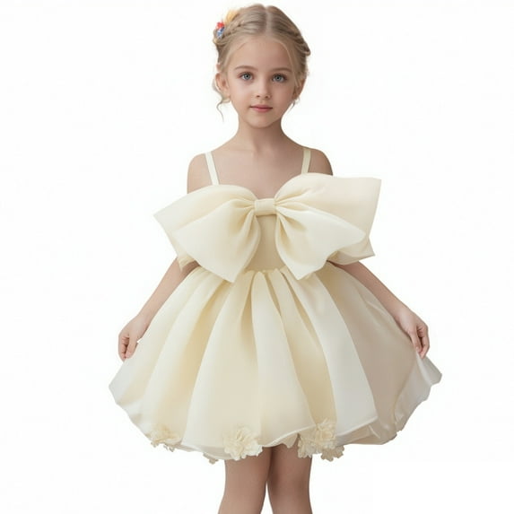 Tfken Summer Dresses For Girls Off Shoulder Solid Color Tutu Tulle Dresses With Bowknot For Party Performance Trendy Kids Soft Clothes Yellow Size 2-3 Years
