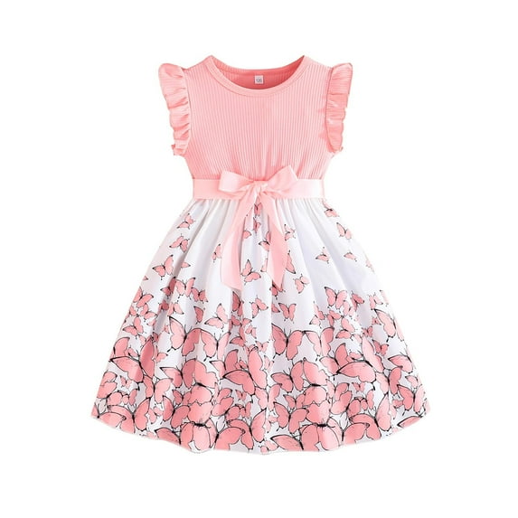Tfken Summer Girls Dresses Butterfly Print Fly Sleeve Crew Neck Dresses With Bowknot Trendy Daily Wear Teen Elegant Clothes Pink Size 5-6 Years