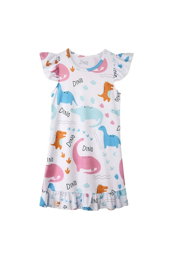 Summer Girls Dresses Cartoon Print Crew Neck Fly Sleeve Maxi Dresses Sleepwear Casual Fashion Children Comfortable Clothes Pink Size 3-4 Years