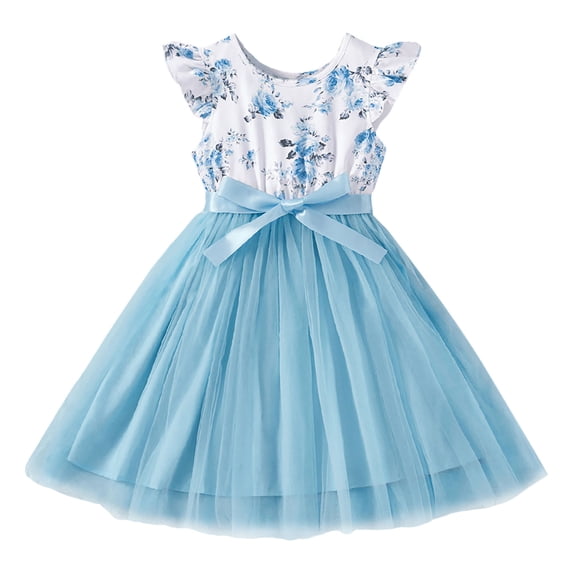 Tfken Summer Girls Dresses Floral Print Crew Neck Fly Sleeve Tulle Dresses Daily Wear Trendy Toddler Soft Clothes Blue Size 7-8 Years