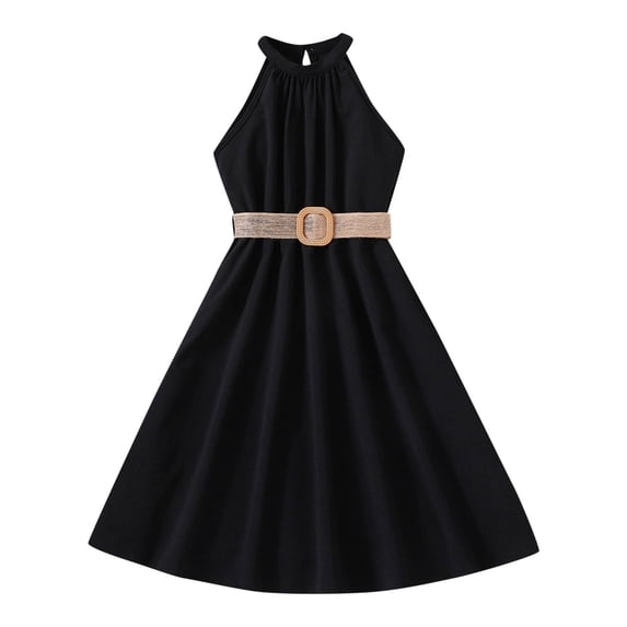 Tfken Summer Girls Dresses Solid Color Halter Neck Sleeveless Dresses With Belt Trendy Daily Wear Teen Elegant Clothes Black Size 9-10 Years