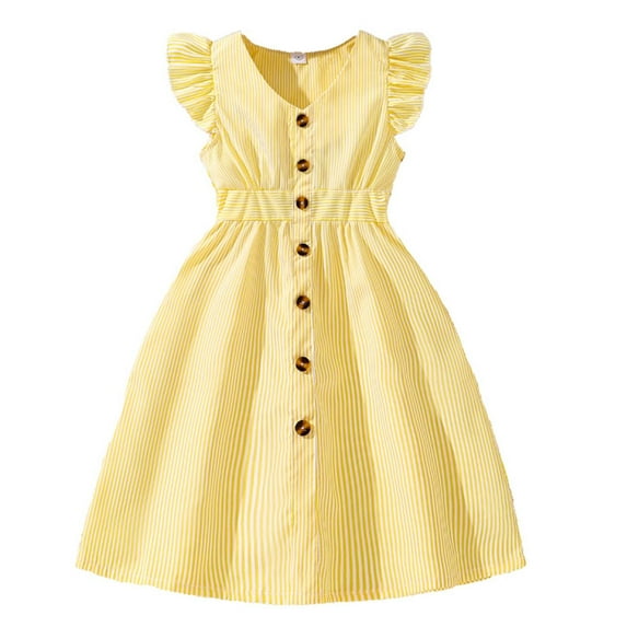 Tfken Summer Girls Dresses V Neck Fly Sleeve Solid Color Button Dresses Trendy Daily Wear Elegant Clothes Yellow Size 7-8 Years