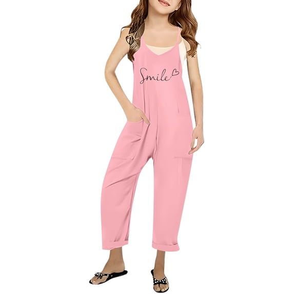 Tfken Summer Girls Jumpsuit Letter Print V Neck Sleeveless Spaghetti Strap Onesie With Pockets Trendy Casual Children Comfortable Bodysuit Pink Size 7-8 Years
