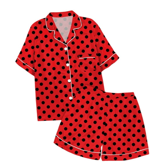 Tfken Summer Girls Loungewear Sets Lapel Neck Short Sleeve Polka Dot Print Button Tops With Pocket And Shorts Set Sleepwear Fashion Kids Comfortable Homewear Outfit Red Size 2-3 Years