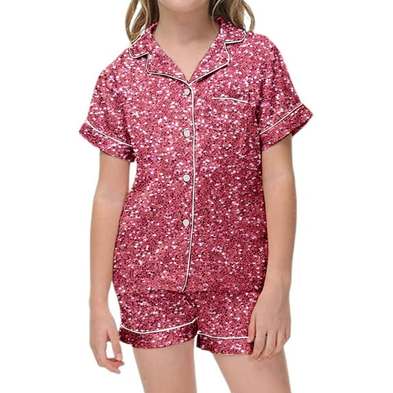 Tfken Summer Girls Loungewear Sets Lapel Neck Short Sleeve Sequins Button Tops With Pocket And Shorts Set Trendy Sleepwear Teen Comfortable Homewear Outfit Black Size 6-7 Years