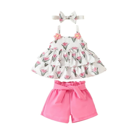 Tfken Summer Girls Outfit Sets 3 Piece Spaghetti Strap Sleeveless Print Tops And Solid Color Shorts With Bowknot Headband Set Fashion Kids Cute Outfit Red Size 12-18 Months