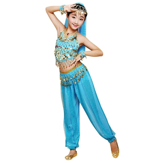 Tfken Summer Girls Outfit Sets 5 Piece Sleeveless Spaghetti Strap Sequins Crew Neck Tops And Pants With Accessory Set For Dance Performance Fashion Children Soft Outfit Blue Size 11-12 Years