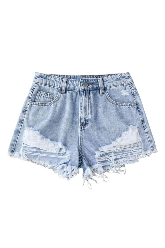 Summer Girls Shorts Button Denim Ripped Shorts With Pockets Trendy Daily Wear Kids Soft Clothes Blue Size 13-14 Years