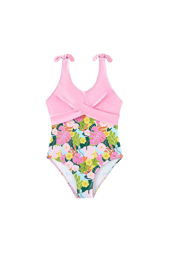 Summer Girls Swimwear Floral Print Crew Neck Sleeveless One Piece Swimsuit Fashion Casual Beach Bikini Children Soft Bathing Suit Red Size 9-10 Years