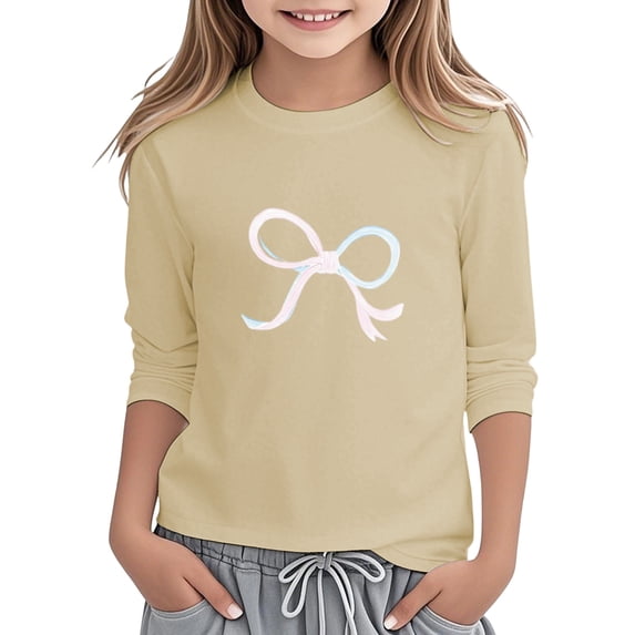 Tfken Summer Girls Tshirts 3/4 Sleeve Bowknot Print Crew Neck Tops Fashion Daily Wear Toddler Soft Tops Beige Size 6-7 Years
