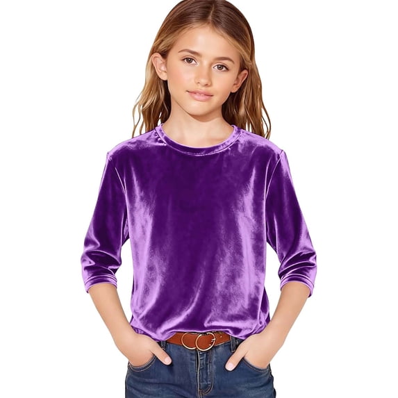 Tfken Summer Girls Tshirts 3/4 Sleeve Crew Neck Solid Color Tops Fashion Daily Wear Children Soft Tops Purple Size 11-12 Years
