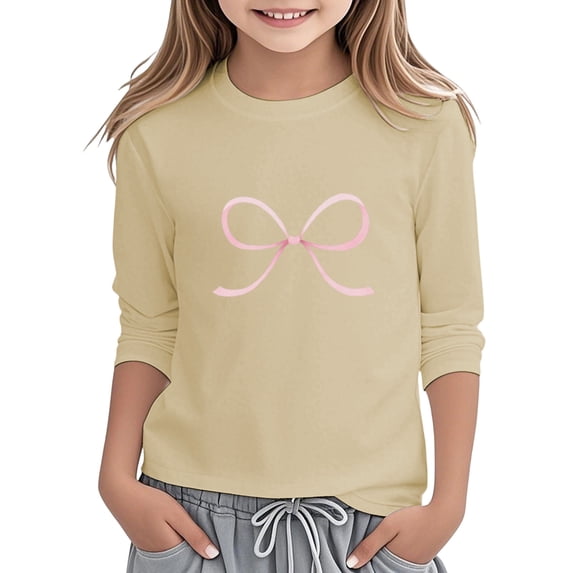 Tfken Summer Girls Tshirts Bowknot Print Crew Neck 3/4 Sleeve Tops Fashion Daily Wear Children Soft Tops Beige Size 12-13 Years