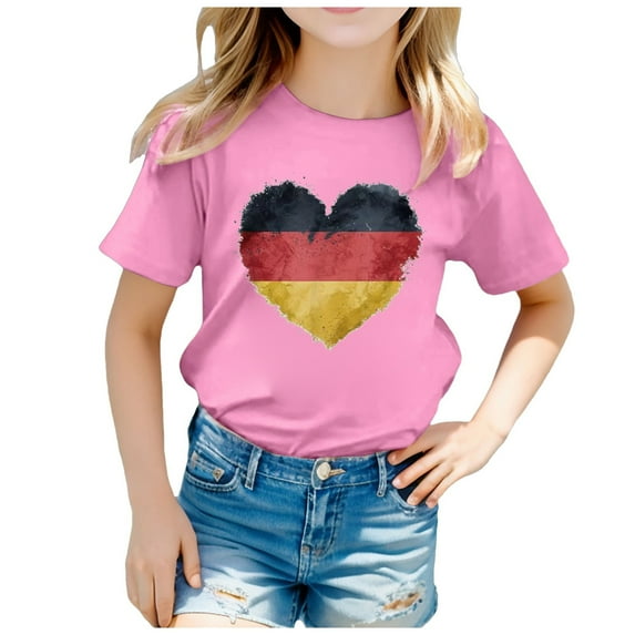Tfken Summer Girls Tshirts Crew Neck Short Sleeve Heart Print Tops Daily Wear Fashion Toddler Soft Tops Pink Size 6-7 Years