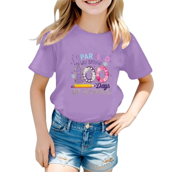 Tfken Summer Girls Tshirts Short Sleeve Letter Print Crew Neck Tops Fashion Back To School Toddler Soft Tops Purple Size 4-5 Years