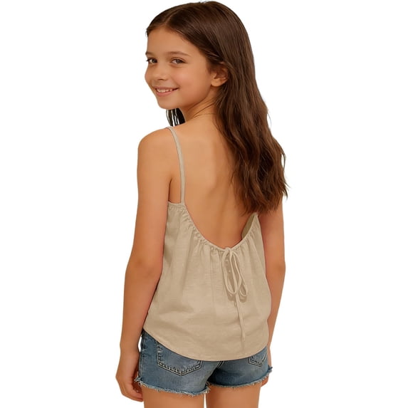 Tfken Summer Girls Tshirts Solid Color Spaghetti Strap Sleeveless Vest Fashion Casual Comfortable Shirts Beige Size 6-7 Years