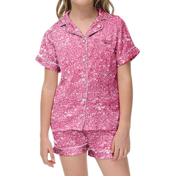 Tfken Summer Loungewear Sets For Girls Lapel Neck Short Sleeve Sequins Button Tops With Pocket And Shorts Set Trendy Sleepwear Kids Comfortable Homewear Outfit Black Size 4-5 Years