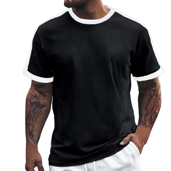 Tfken Summer Men Tshirts Crew Neck Patchwork Short Sleeve Tops Fashion Casual Daily Wear Male Soft Shirts Black