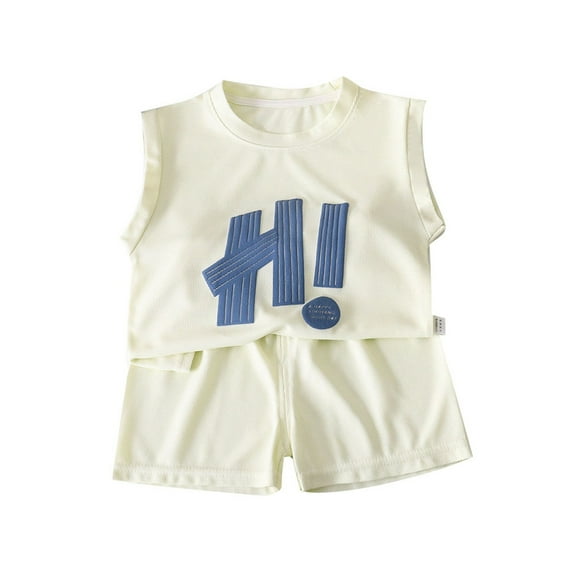 Tfken Summer Outfit Sets For Boys Print Sleeveless Crew Neck Tops With Solid Color Shorts Set Fashion Casual Summer Kids Comfortable Outfit Beige Size 5-6 Years