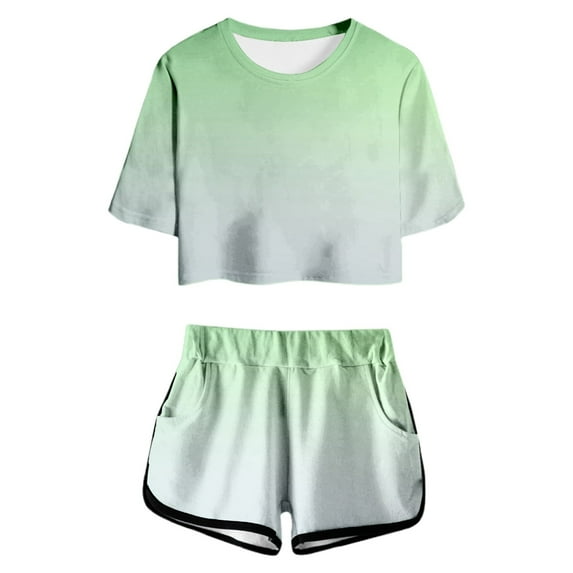 Tfken Summer Outfit Sets For Girls Crew Neck Gradient Short Sleeve Tops With Shorts Set Fashion Casual Teen Comfortable Outfit Green Size 9-10 Years