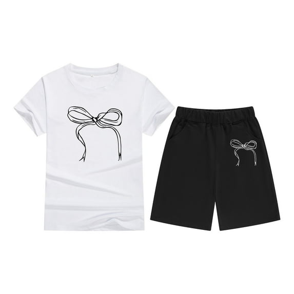Tfken Summer Outfit Sets For Girls Crew Neck Print Short Sleeve Tops With Shorts Set Summer Casual Fashion Children Soft Outfit White Size 6-7 Years