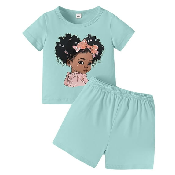 Tfken Summer Outfit Sets For Girls Print Crew Neck Short Sleeve Tops With Solid Color Shorts Set Fashion Teen Comfortable Outfit Green Size 6-7 Years