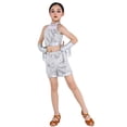 thumbnail image 1 of Tfken Summer Outfit Sets For Girls 3 Piece Sleeveless Halter Neck Sequins Tops And Shorts Set With Tassels Accessory For Dance Performance Fashion Children Soft Outfit Silver Size 6-7 Years, 1 of 3