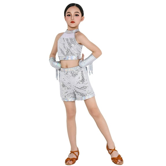 Tfken Summer Outfit Sets For Girls 3 Piece Sleeveless Halter Neck Sequins Tops And Shorts Set With Tassels Accessory For Dance Performance Fashion Children Soft Outfit Silver Size 6-7 Years