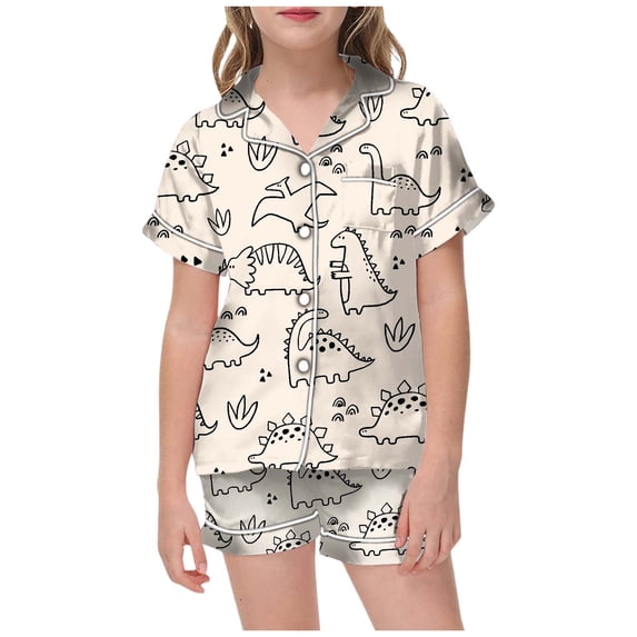 Tfken Summer Outfit Sets For Girls Dinosaur Print Short Sleeve Lapel Neck Tops With Shorts Set Sleepwear Casual Summer Kids Cute Outfit Beige Size 2-3 Years