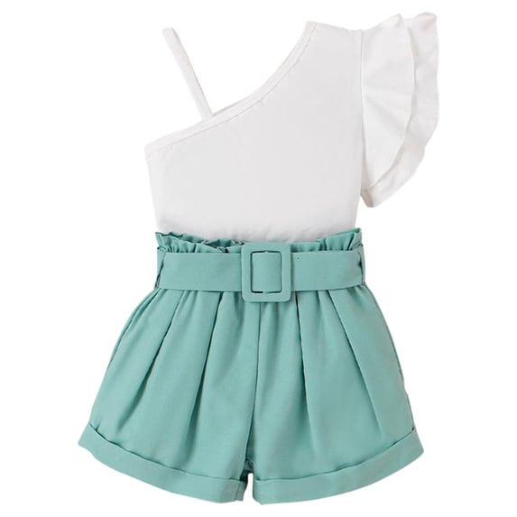 Tfken Summer Outfit Sets For Girls One-Shoulder Spaghetti Strap Fly Sleeve Solid Color Tops With Shorts Set Fashion Toddler Classic Outfit White Size 3-4 Years