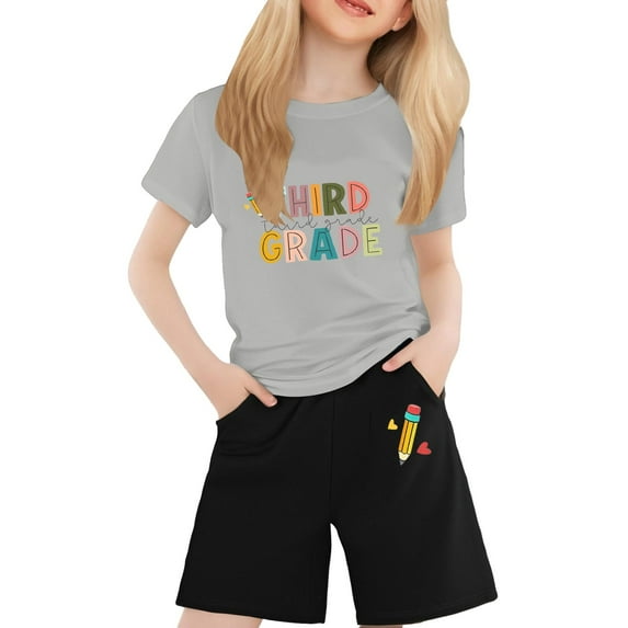 Tfken Summer Outfit Sets For Girls Print Crew Neck Short Sleeve Tops With Shorts Set Casual Fashion Summer Comfortable Outfit Gray Size 10-11 Years