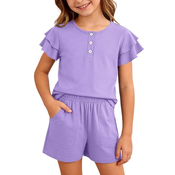Tfken Summer Outfit Sets For Girls Ruffles Sleeve Crew Neck Solid Color Tops With Shorts Set Casual Daily Wear Teen Comfortable Outfit Purple Size 5-6 Years