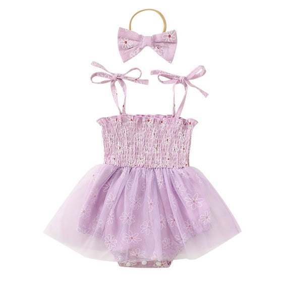 Tfken Summer Outfit Sets For Girls Sleeveless Print Spaghetti Strap Dress With Bowknot Headband Set Fashion Summer Toddler Classic Outfit Purple Size 3-6 Months