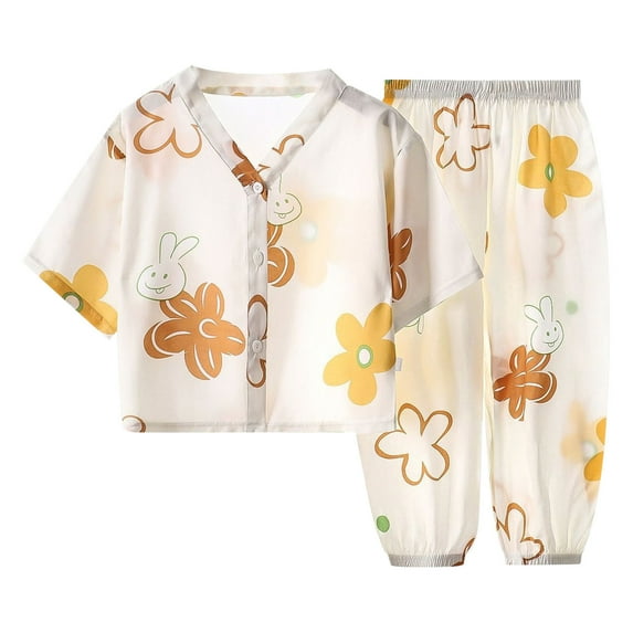 Tfken Summer Outfit Sets For Girls V Neck Short Sleeve Print Tops With Pants Set Casual Homewear Summer Teen Comfortable Outfit Yellow Size 9-10 Years